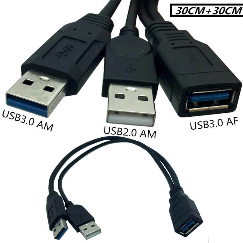 

USB 1/2 data charging cable USB3.0 female to USB 2.0AM+USB3.0A male to female wiring 0.3M