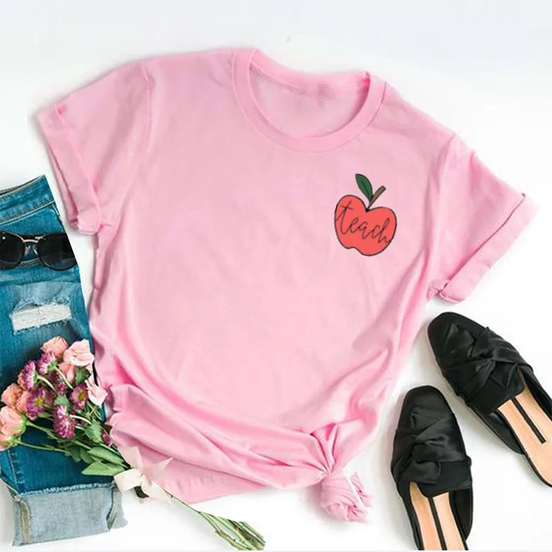 

Teacher Apple Shirts, Teacher Gifts For Women ideas Short Sleeve 100% Cotton Top Tee Funny Letter Print Graphic O Neck Tshirt