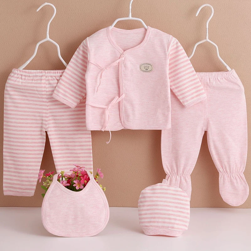 

5Piece Sets Spring Autumn Newborn Girls Boys Clothes Casual Cartoon Cute Stripe Cotton Tops+Pants Baby Boutique Clothing BC443