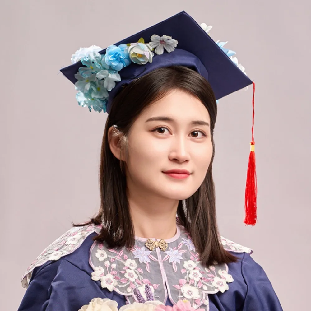 Trencher Cap DIY Flowers Graduation Cap Bachelor Mortar Board Academic Hat with Tassels Charm Ornament Adjustable