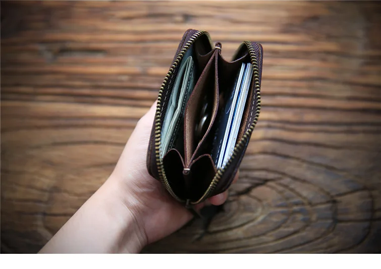 Luxury Brand Handmade Crazy Horse Leather Small Wallet Men's Layer Cowhide Zipper Short Coin Purse Leather Card Bag