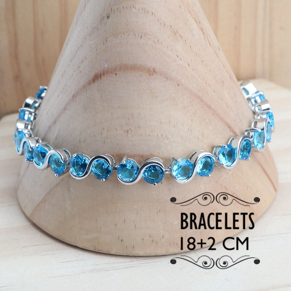 Bridal Women Blue Zircon Jewelry Sets Silver 925 Women Wedding Jewelry Charms Rings Bracelets Earrings Set Pendant Necklace