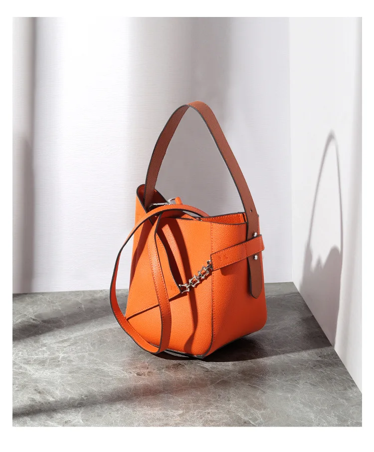 Genuine Leather Bucket Bag Women American Style Bags Orange