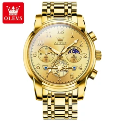 OLEVS Luxury Stainless Steel Moon Phase Luminous Skeleton Chronograph Watch (Gold)
