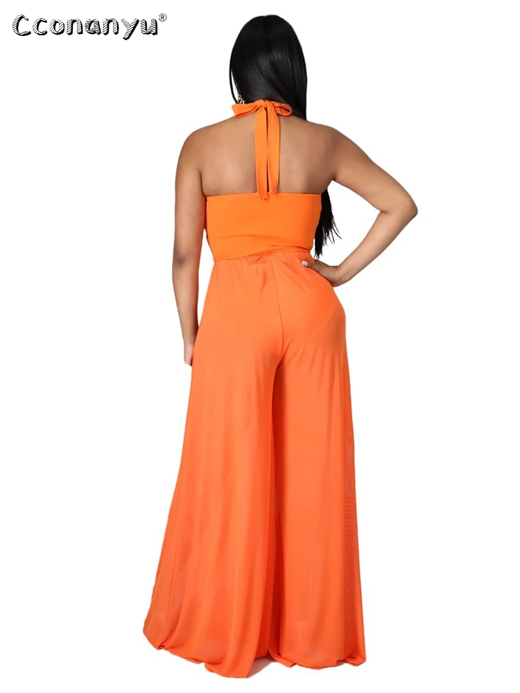 Summer Solid Chiffon Ladies Jumpsuit Casual One-piece Outfit Halterneck Pants Loose Mesh White Jumpsuits for Women 2022 Elegant