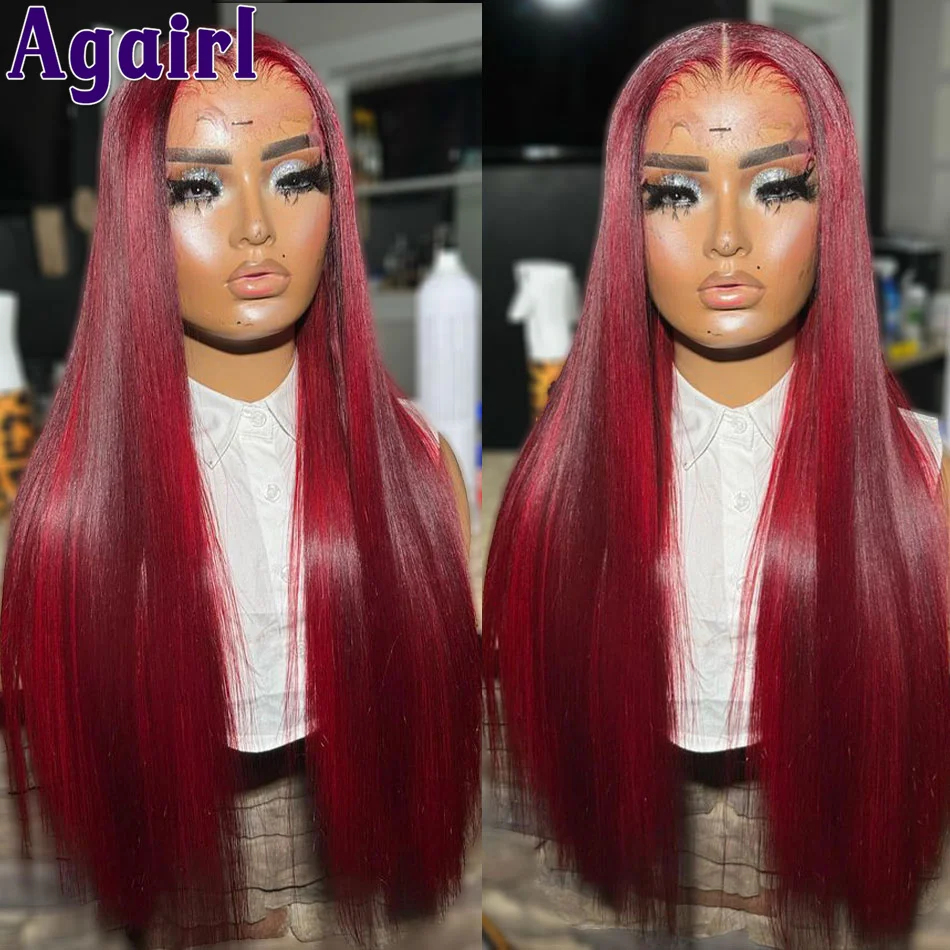 

13x6 Transparent Highlight Red 99J 200% Bone Straight Lace Frontal Wig Glueless 13x4 Lace Front Wig PrePlucked Natural Hairline