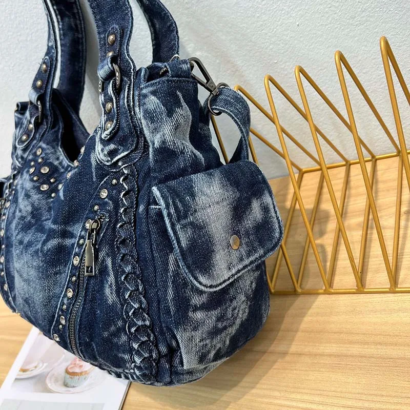 HIGHREAL High Quality Denim Women Handbag Rivets Women Designer