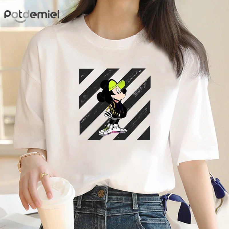 

Mickey Mouse Print Women's T-shirt Casual o collar black T-shirt Short Sleeve T-shirt 2024 Harajuku slim soft top clothing