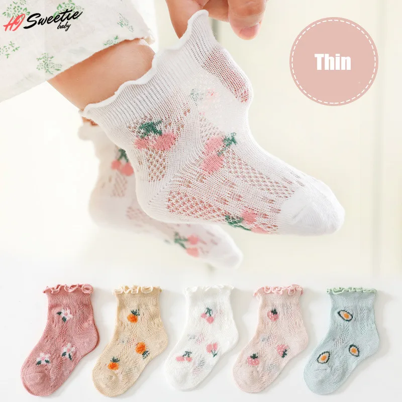 Baby Girl Thin Socks Summer Mesh Toddler Girls Socks Cute Cartoon Fruit Design Children's Cotton Socks 0-5 Years Old 5pairs lot 0 2y baby socks summer cotton 3d cartoon animal kids socks girls mesh cute newborn boy toddler socks baby