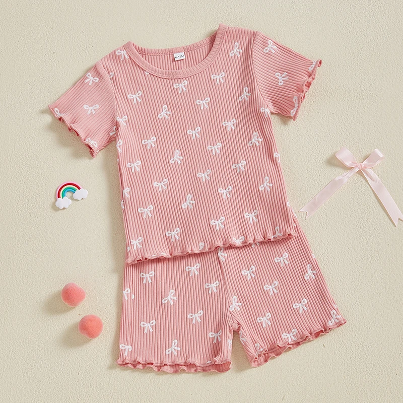 Baby Toddler Girl Bow Ribbed Outfit Lettuce Trim Short Sleeve Tops Elastic Waist Shorts 2 Piece Summer Set