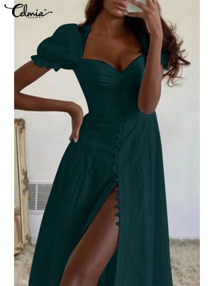 Celmia Vintage A-line Long Dress Women Pleated Heart Neck Single-breasted Fashion Sundress Short Puff Sleeve Elegant Lady Robes