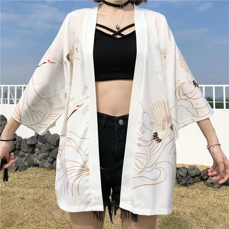 

Beach Haori Loose Harajuku Japanese Fashion Kimono Yukata 2023 White Black Crane Print Women Cardigan Blouse Obi Asian Clothes