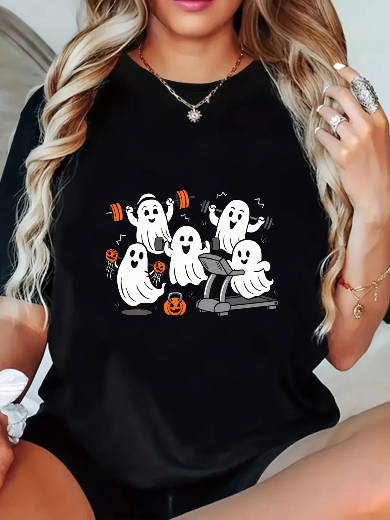 Fitness Ghosts Cotton T-Shirt — Color: black / Size: XXXL