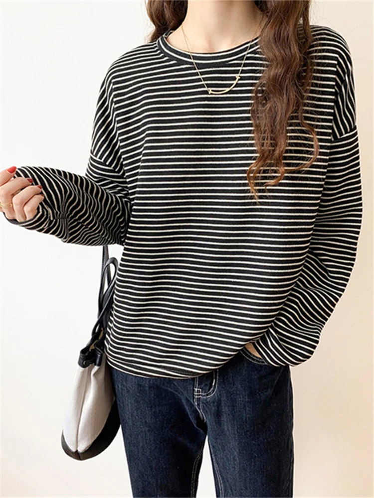 Basic T-shirts Women Striped Top All-match Stylish Daily Lazy