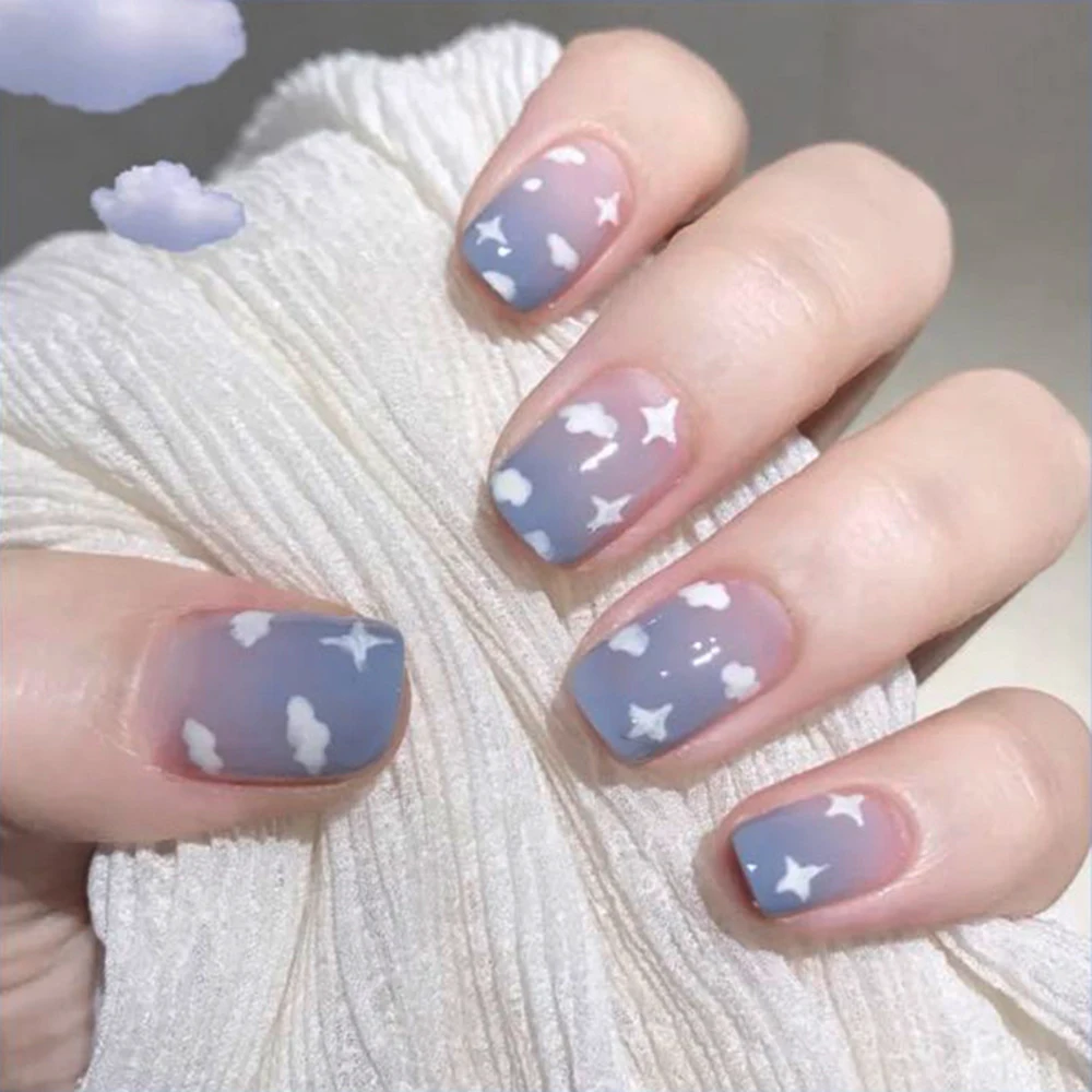 Fake Nails False Nails Nail Tips False Nail Tips 24Pcs/Box Short Square Head Wearing False Nails Art Clouds Stars Pattern Fake Nails Full Cover Press on Nail Tips Manicure Tools