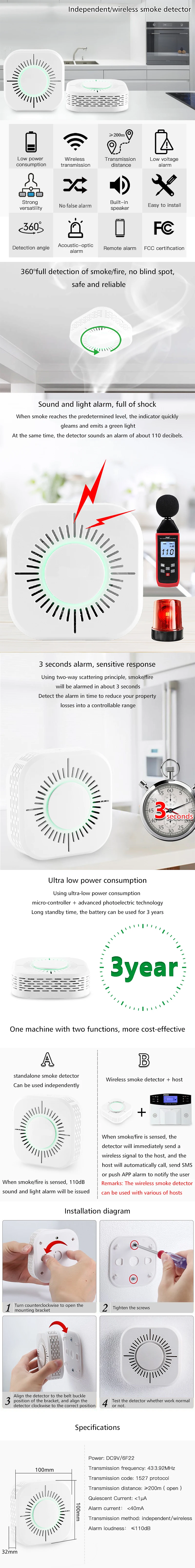 panic button bluetooth Smart smoke alarm home commercial wireless remote alarm fire fire sensor smoke detector ring alarm wall mount