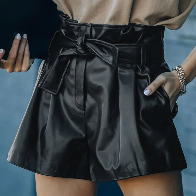 

S-XL Women Leather Shorts with Belt Bottoms Casual PU Leather Black Female New Fashion High Waist Soild Loose Drawstring Shorts