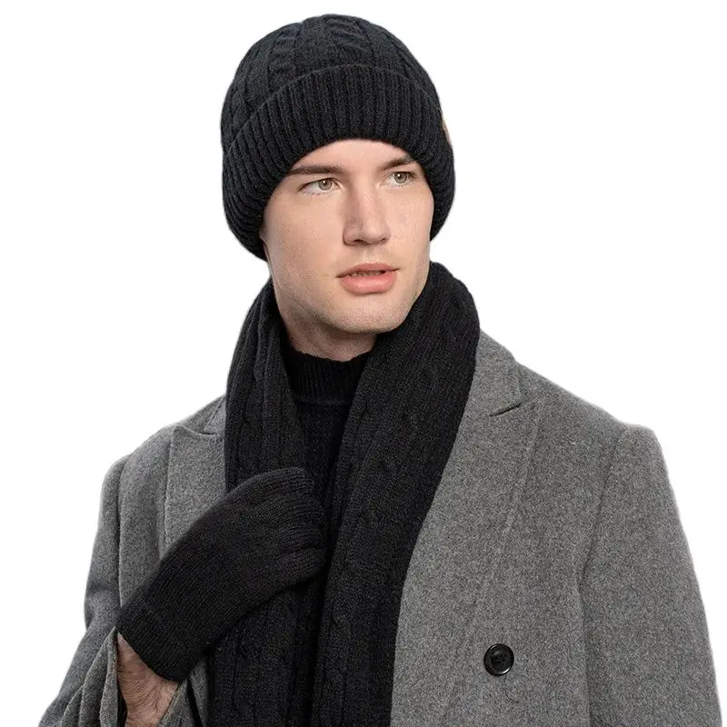 3PCS Winter New Knitted Hat Scarf and Gloves Three-piece Set Winter Women's Cold-proof and Warm Scarf Three-piece Set for Men