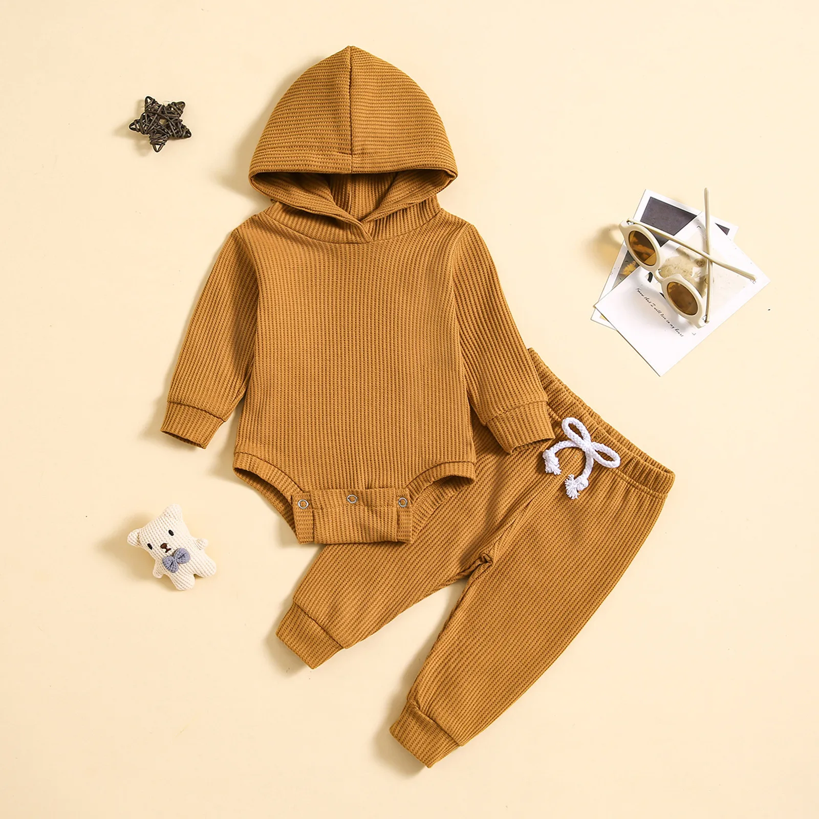 

Infant Newborn Baby Boys Clothes Sets Hood Jumpsuit Solid Color Waffle Long Sleeve Romper Tops+Long Pants Toddler Clothes 0-24M