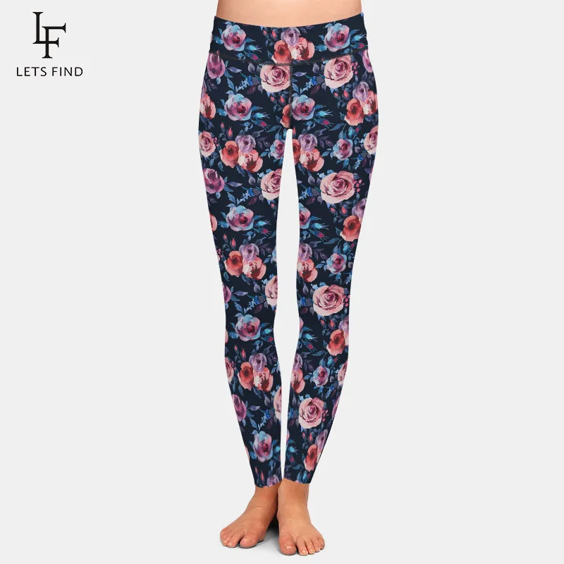 LETSFIND Vintage Watercolor Roses Style Milk Silk Print Fitness Leggings High Waist  Women Elastic Legging