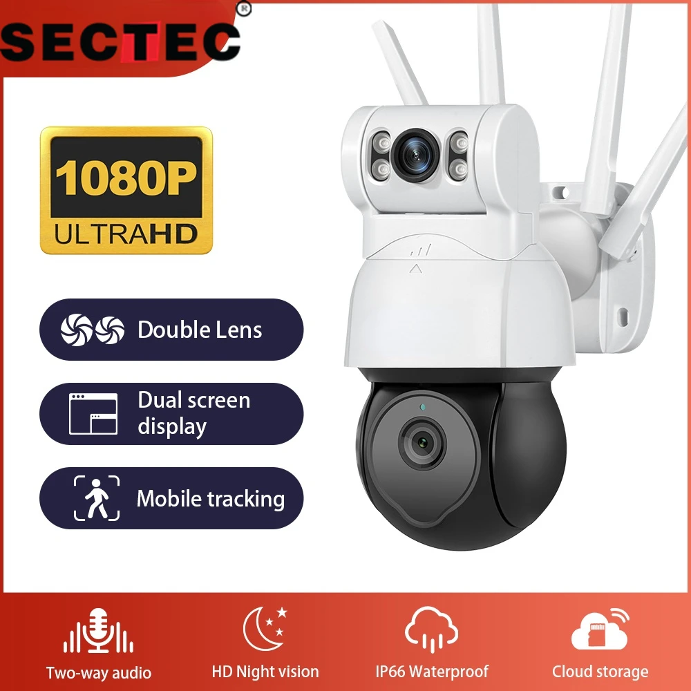 

SECTEC Outdoor Security PTZ Camera Dual Lens 1080P Mobile Tracking Weather Proof Two-way Talk the Dual Lens Surveillance Cam
