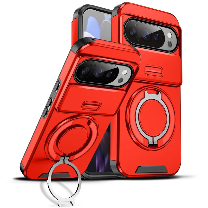 Enhanced Protective Armor Case with Magnetic Ring Bracket and Slide Lens Cover