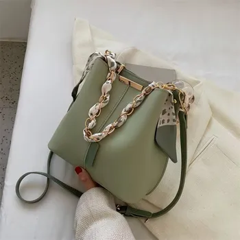 Light Green Mini Bucket Crossbody Bag For Women Casual Style Shoulder Bag With Chain Scarf Detail And Adjustable Strap
