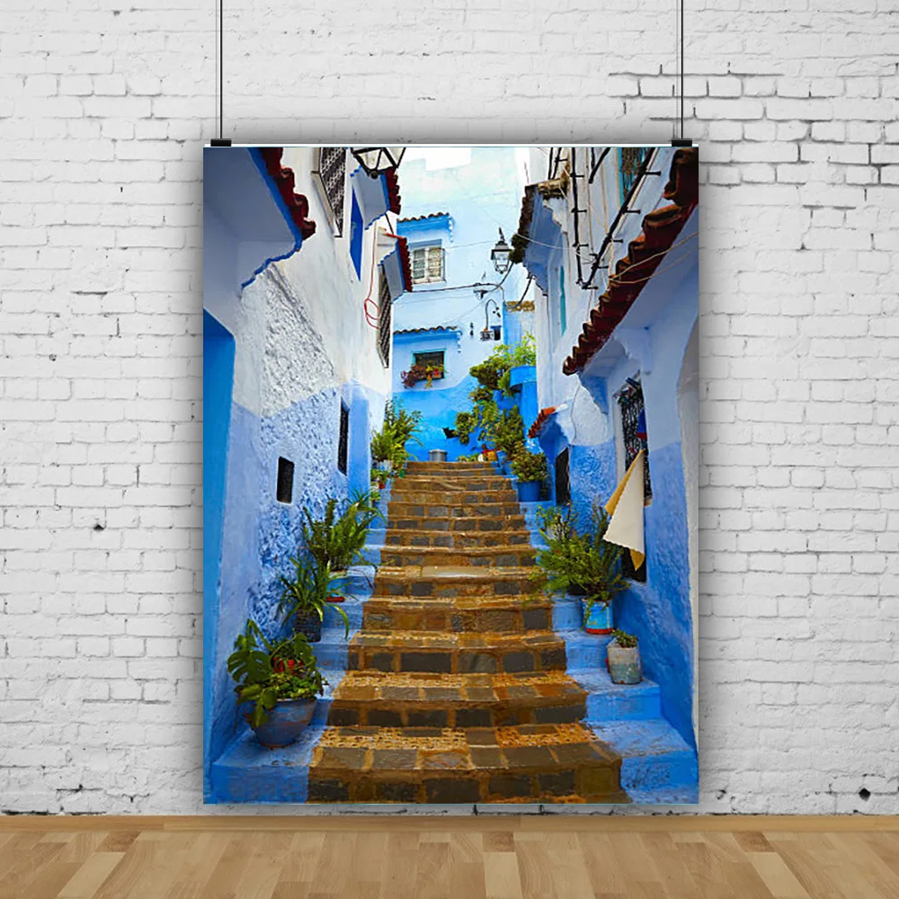 

SHUOZHIKE Santorini Greek Aegean Sea Holiday Party Decoration Bay Town Architecture Flowers Stairs Photography Background XC-03