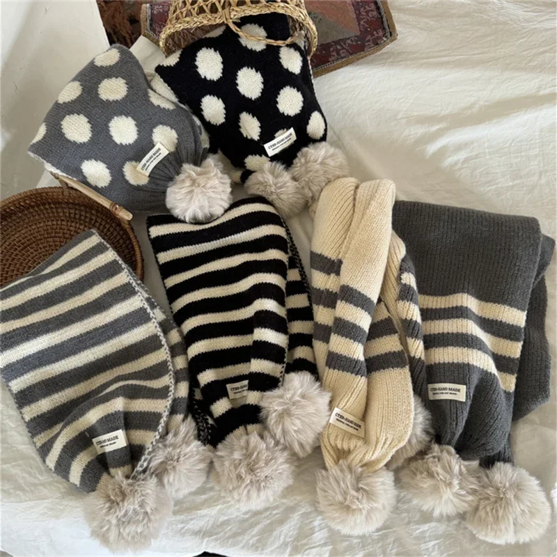 Korea Ins Kids Winter Baby Girls Scarf Cute Wave Point Stripe Hairball Scarves Kawaii Soft Warm Knitted Scarfs Accesoire 3-15y