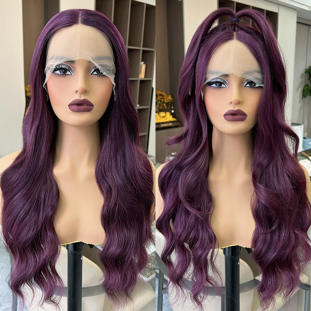 Lace Front Wig Dark Burgundy Body Wave Deep Purple Transparent Glueless Pre Plucked Synthetic Hair for Women