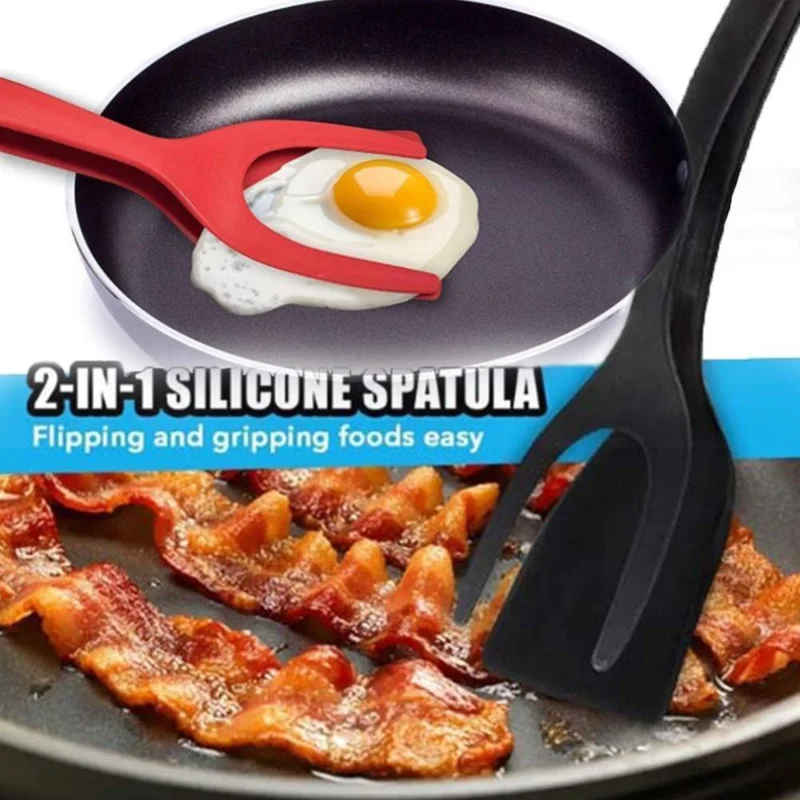 2-in-1 Silicone Clip Spatula for Frying Steak Pancakes Toast Omelette Tongs  Silicone Omelet Spatula Flip Shovel Kitchen Tool - AliExpress