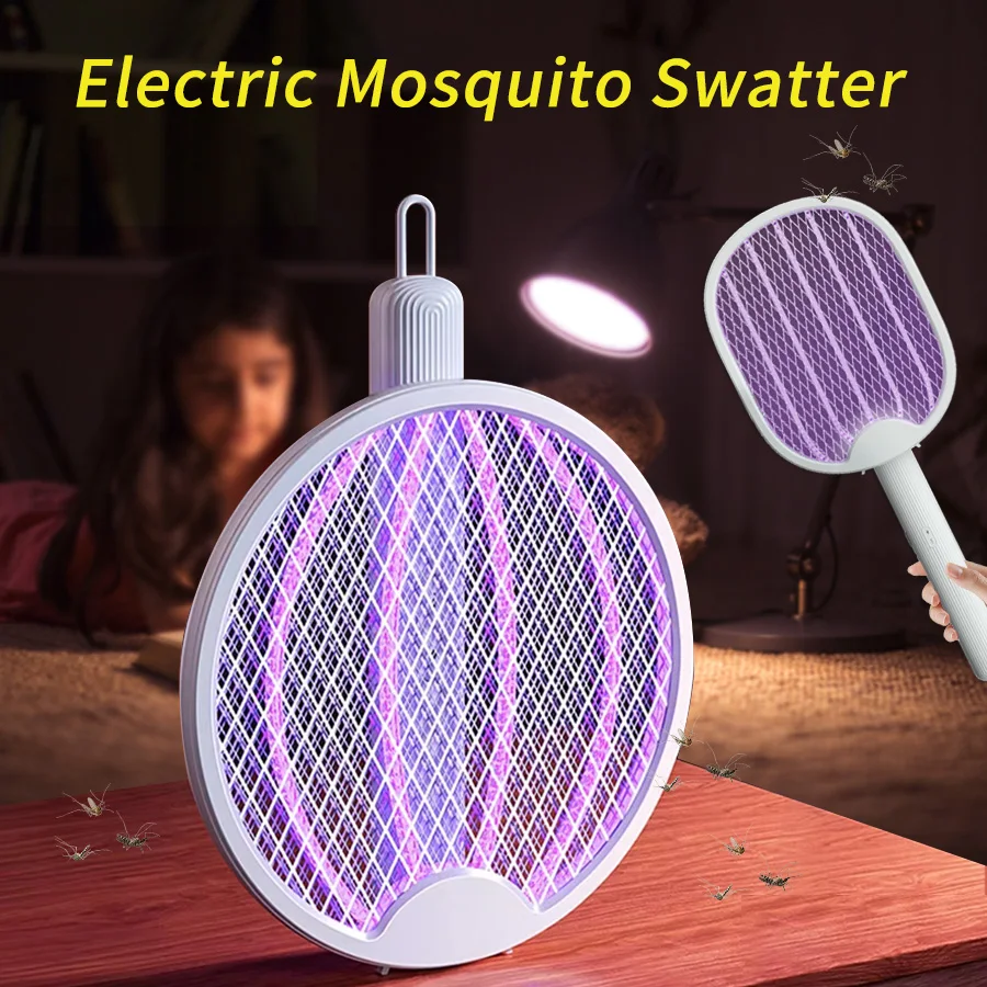 Foldable USB Rechargeable Electric Mosquito Swatter with UV Light Killer Fly Trap Mosquito Racket Insect Killer Bug Zapper 3000V