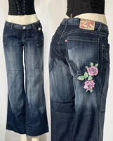 Classic Washed Solid Baggy Jeans High Street Pocket Embroidery Flower Design Wide Leg Pants Y2k Fashionable Flare Jeans 1