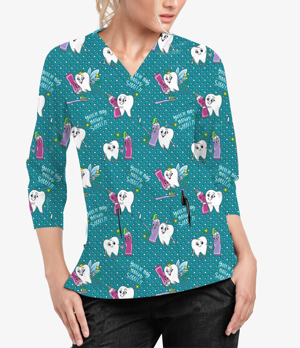 SpringFallILoveTeethPrintStitchWomens34SleevePocketVNeck