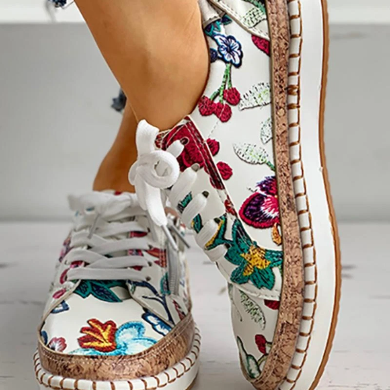 Women Sneakers Elegant Floral Printed Lace Up Female Flat Shoes Fashion Round Toe Lady Vulcanized Shoes Femme Casual Shoes 2