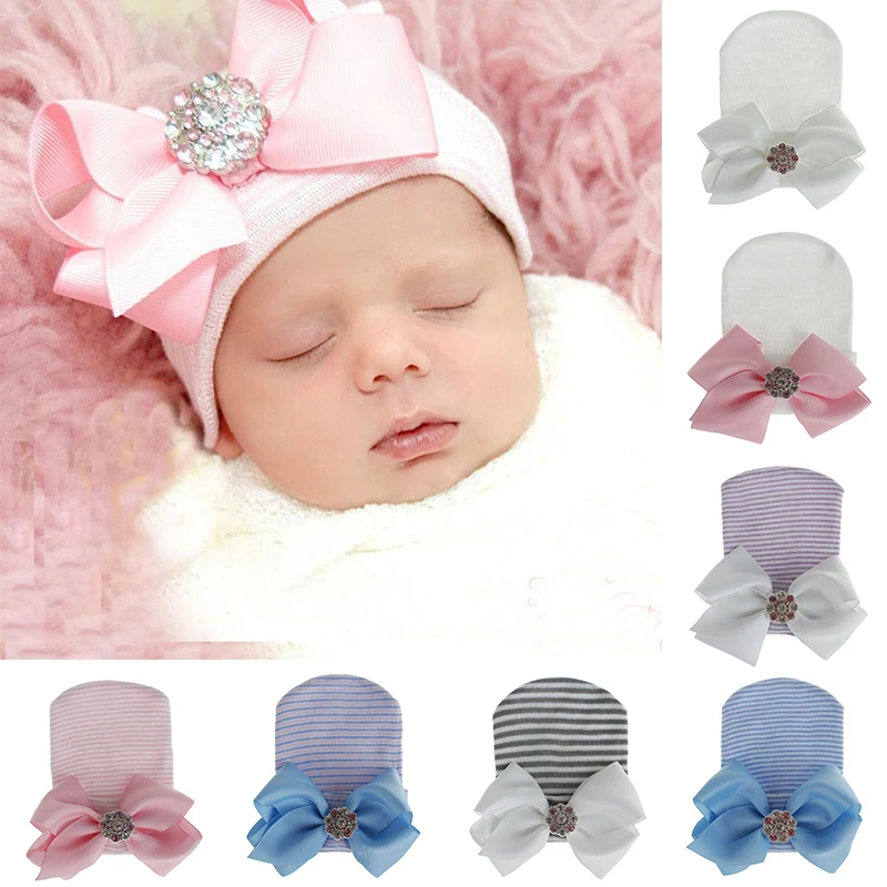 

Sweet Newest Cute Newborn Baby Girl Comfy Bowknot Hospital Cap Beanie Hat Knitted Striped Baby Girl Caps Beanie Toddler Hats