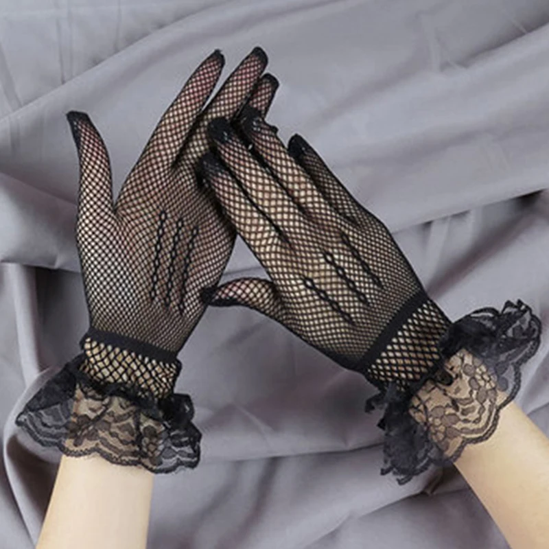

Women Black White Summer UV-proof Driving Gloves Mesh Fishnet Gloves Lace Mittens Full Finger Girls Lace Touch Screen Gloves