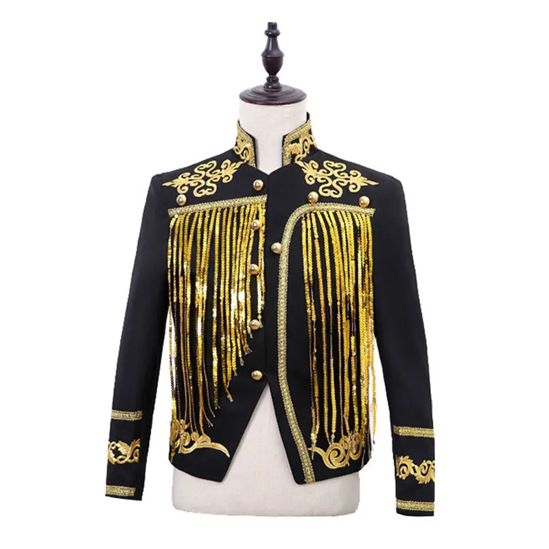 

Male Singer Chorus Dancer Performance Stage Costume Men's Sequin Tassel Court Jacket Golden Black Fringe Slim Coat Bar Nightclub