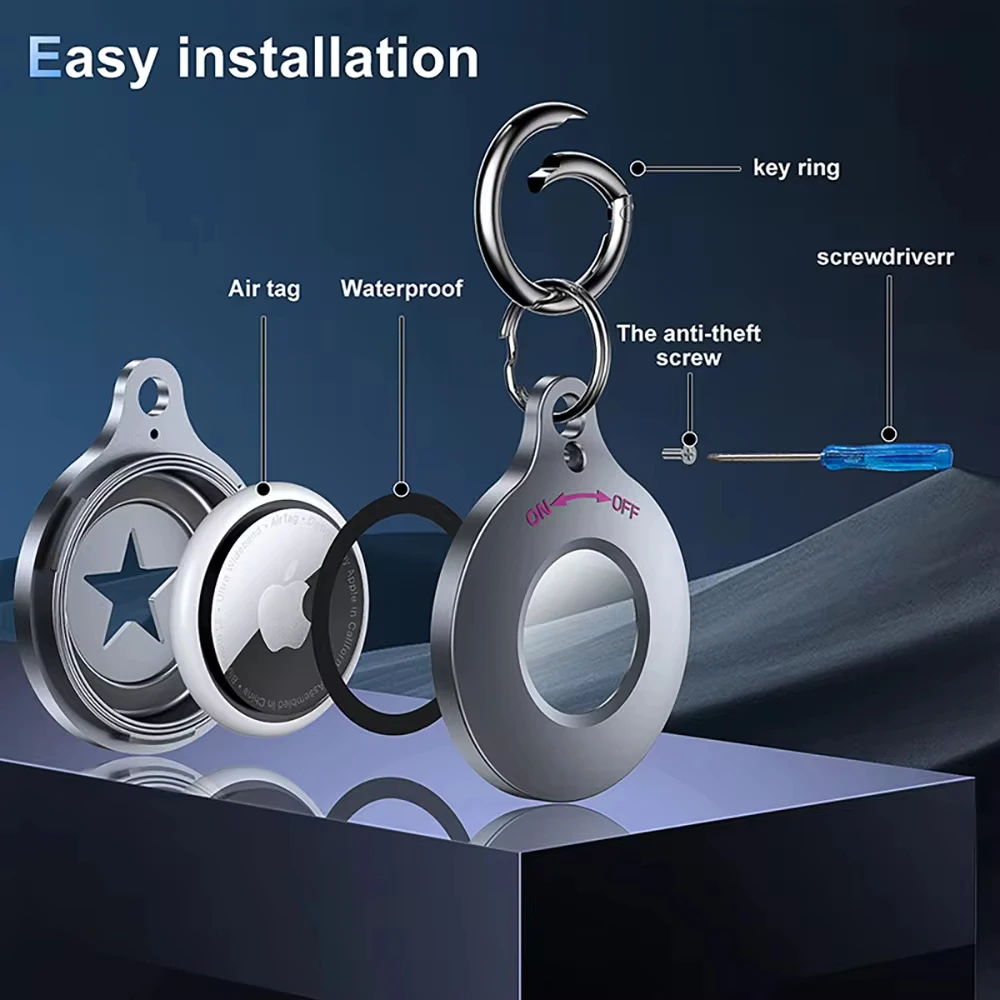 Aluminum Metal AirTag Holder with Keychain for Apple Air tags Waterproof Item Tracker Protector Case for Wallet Luggage Cat Dog