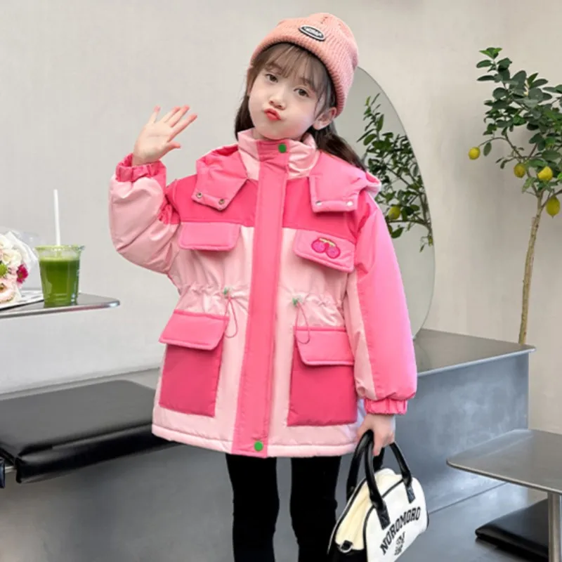

Winter Children Girls' Jackets Baby Cotton-padded Jacket Kids Thickened Parkas Hooded Girls Coat 3 to 12 Y color block Overcoat