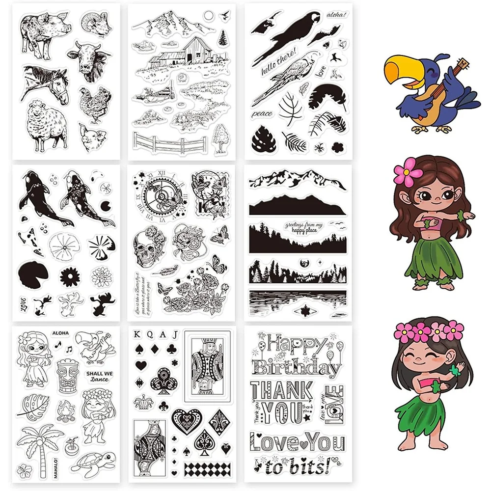 

9 Sheets Mixed Theme Silicone Clear Stamps Seal for Card Making Decoration DIY Scrapbooking Landscape Koi Animal Hawaii Island