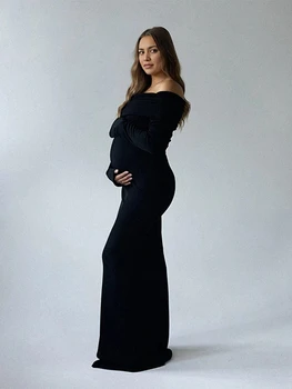 Off Shoulder Ruched Sheer Baby Shower Maternity Maxi Dress Long Sleeve Knit Slim Gown Pregnancy Outfit Gender Reveal Photoshoot