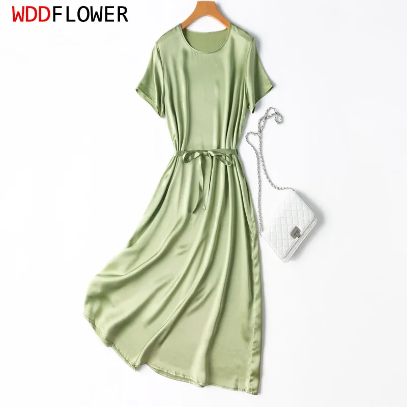 

Women Dress 100% Mulberry Silk 20 Momme Satin Silk Solid Color Light Green Short Sleeve Midi Dress Crew Neck Belted Waist MM676