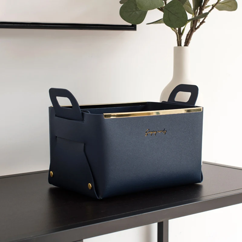 Metal Edged Leather Cosmetic Storage Boxes Creative Home Desktop Storage Ornament Solid Color Retro Exquisite Storage Basket 5