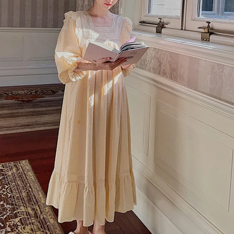 الخريف الشتاء القطن الخالص فستان سهرة المرأة الحلو طويل مثير نايتي الرداء الدانتيل قمصان النوم الجنية الأميرة ملابس خاصة