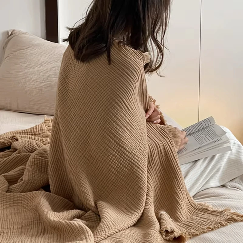 Four-Layer Crepe Yarn Tassel Cotton Blanket Gauze Nap Thin Blanket Living Room Office Car Camping Nap Blanket Available Coraline 2