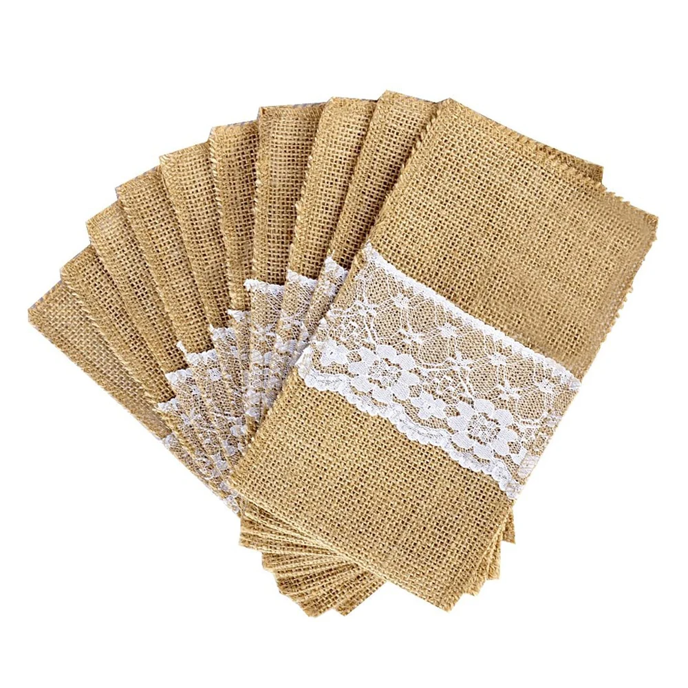 

10pcs Burlap Lace Cutlery Pouch wedding Tableware Party decoration holder Bag Hessian Rustic Jute 11cm x 21cm Wedding Decoration