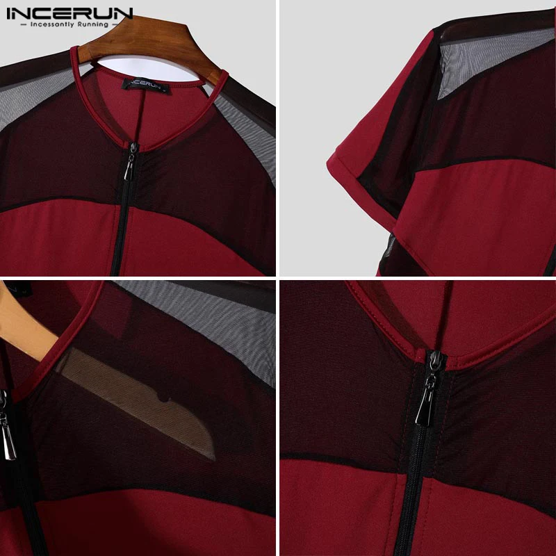 INCERUN American Style Fashion Rompers Men Mesh Splicing Jumpsuits Sexy Homewear Short Sleeved Zipper Flat Corner Neck Bodysuits men bodysuits,men jumpsuits
