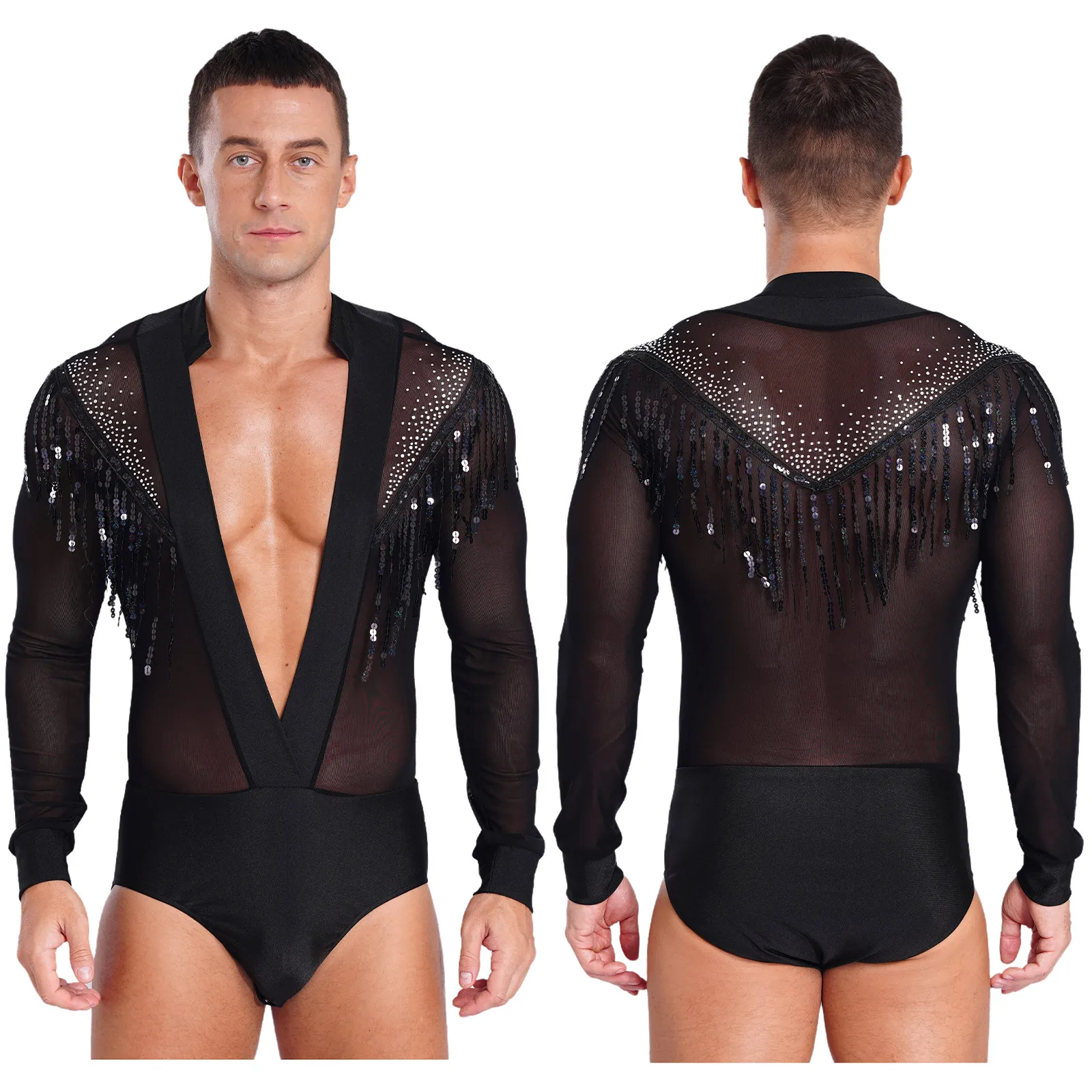 thumbnail image 1 of Leotardo de baile latino Tango para hombre, cuello en V profundo, malla transparente, borlas con lentejuelas, traje con diamantes de imitación, traje de competición para baile Salsa, 1 of 5