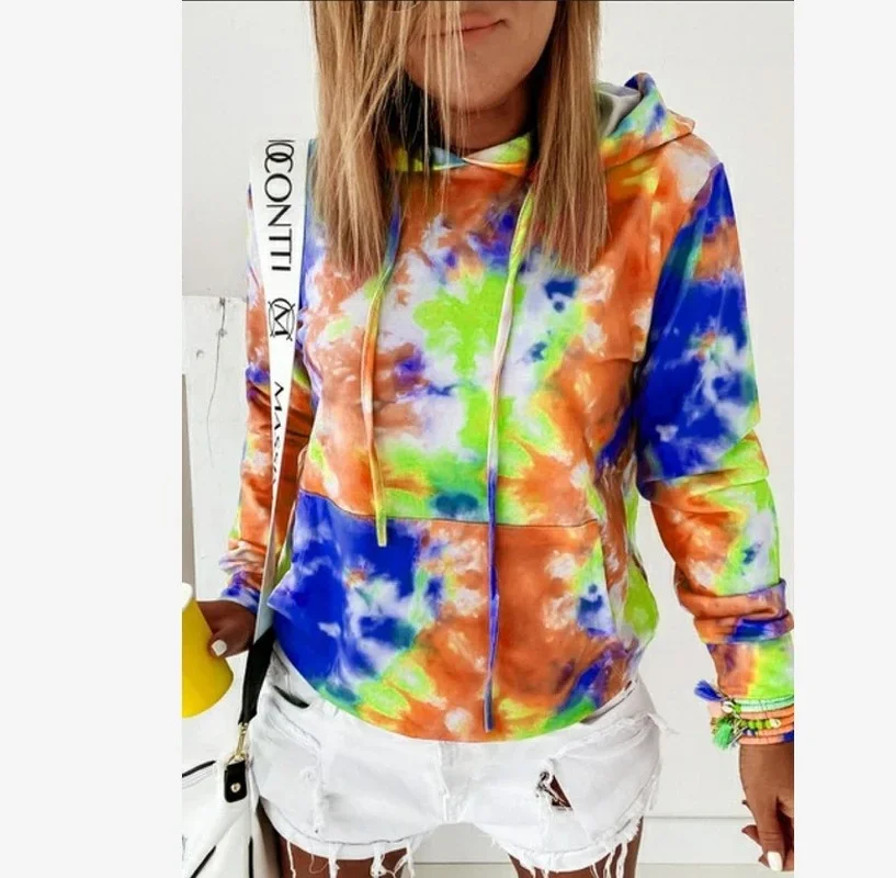 Women Autumn Casual Tie Dye Hoodies Vintage Sweatshirt 2021 Hooded Tops New Pullovers Female Streetwear Casual Clothing Harajuku